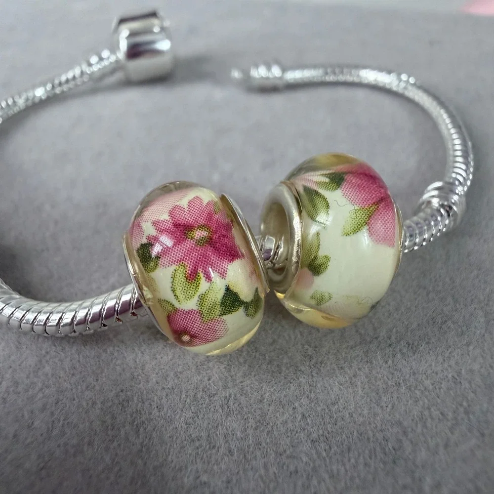 Set of 2 Pink Floral Pink Beads fits PANDORA